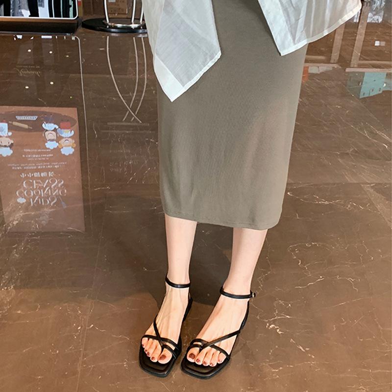 

Sheepskin version~ French cross with beach cover toe strap sandals women s summer flat-bottomed leather Roman shoes cool slippers 35