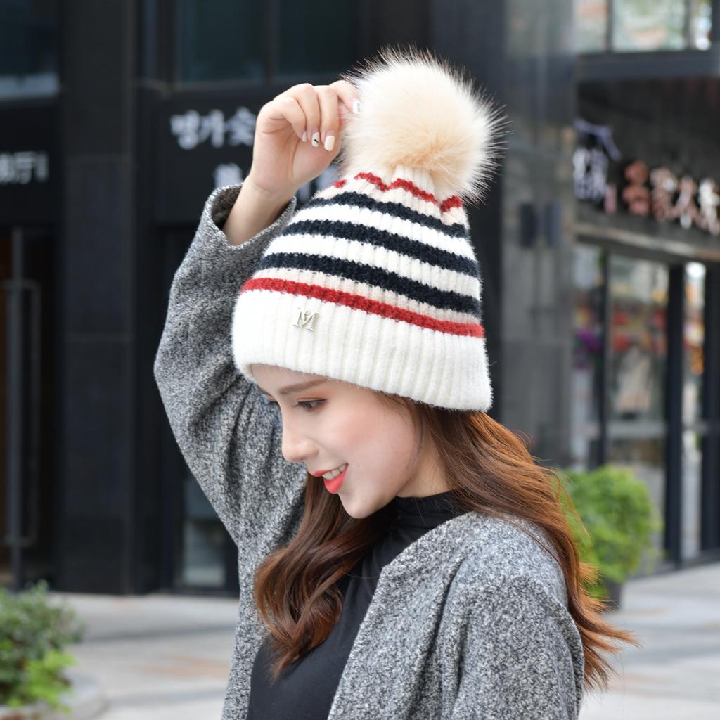 Autumn and Winter Woolen Imitation   Wool Ball Knitted Colorful Striped Hat Warm Ear Protecting Hat  Slimming Face Casual Trendy Hat