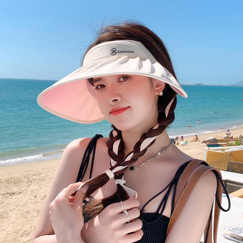8477 Summer Ice Silk Ribbon Empty Top Hat Fashion Shell Big Brim Sun Protection Hat UV Protection Sun Hat Children