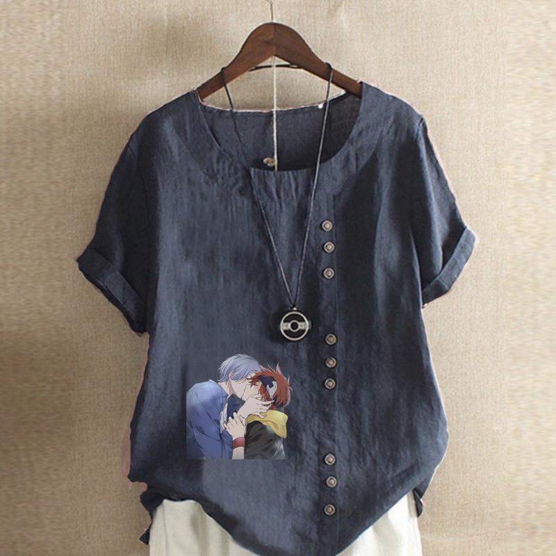 Moda Donna Maglietta Manica Corta Girocollo Stampata Coppia Carina Casual Cotone Lino Maglietta Grafica Tempo Libero Ampia Blusa Estiva Top