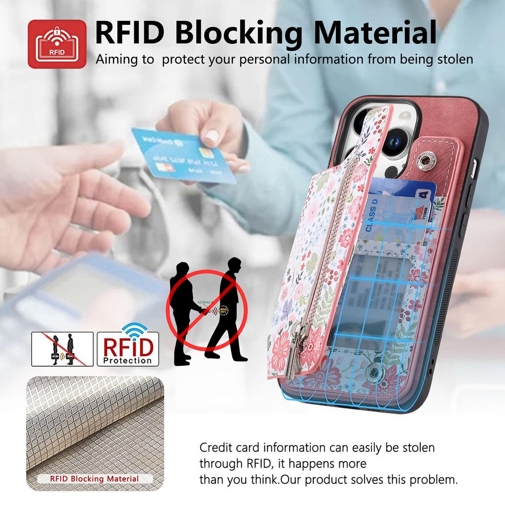 D10 For iPhone 16 Pro Case Pattern Kickstand Wallet Leather+TPU Phone Cover RFID Blocking
