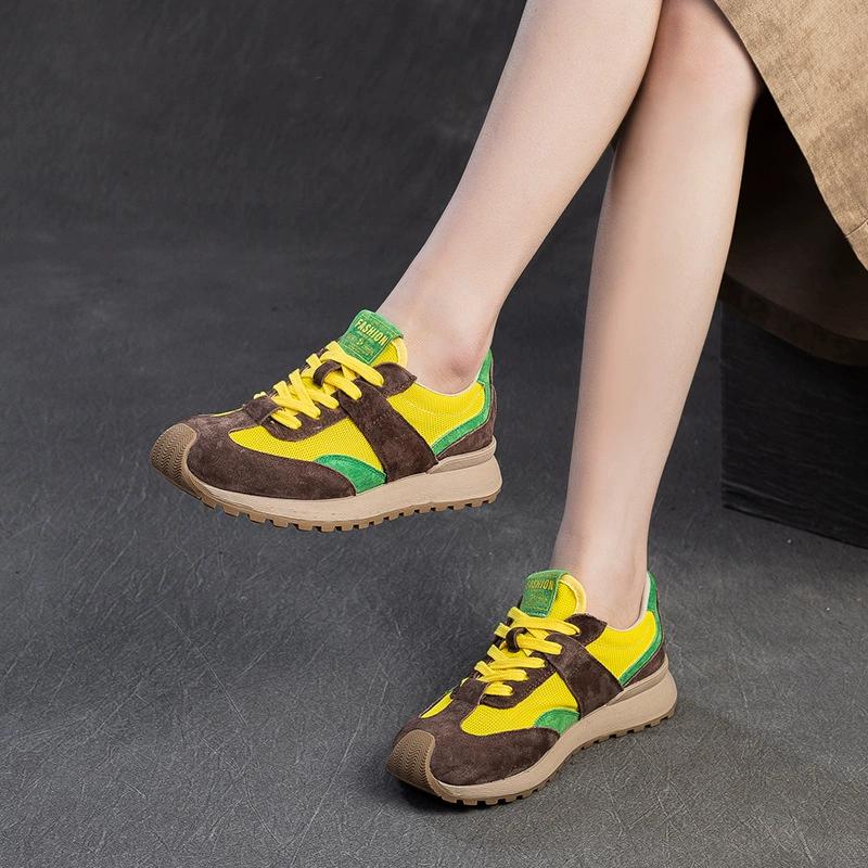 GKTINOO Genuine Leather Sneakers Women's Flat Shoes 2025 Spring/Summer New Breathable Mesh Lace-up Soft Sole Casual Sports Shoes