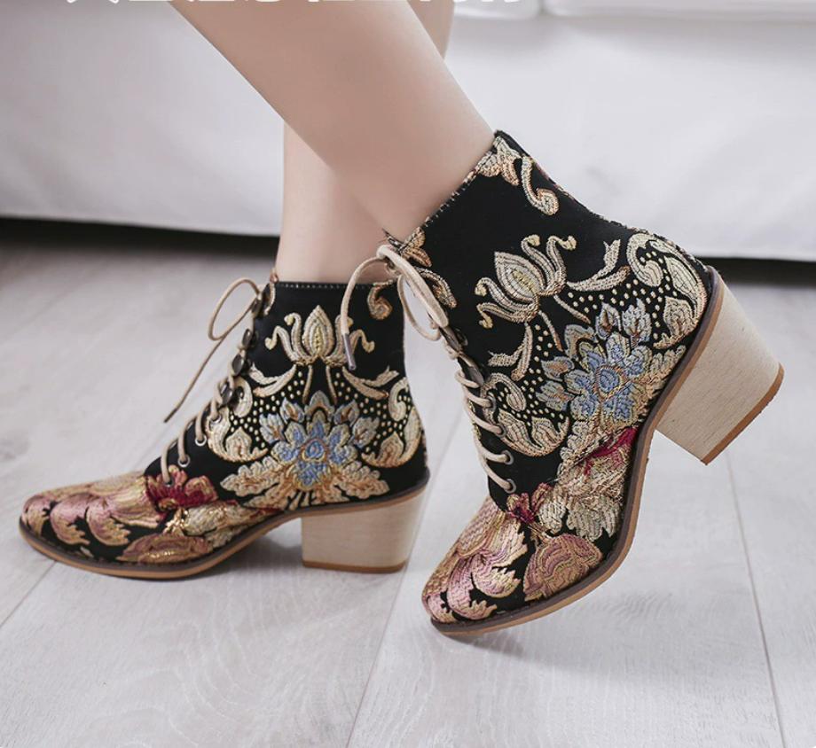 VANGULL Women Silk Boots Martin Ankle Boots Autumn Winter Embroider Womens Boots Lace Up Shoes Woman