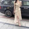 French floral suspender dress women's summer lotus leaf edge pinch waist skirt a word skirt irregular temperament long dress
