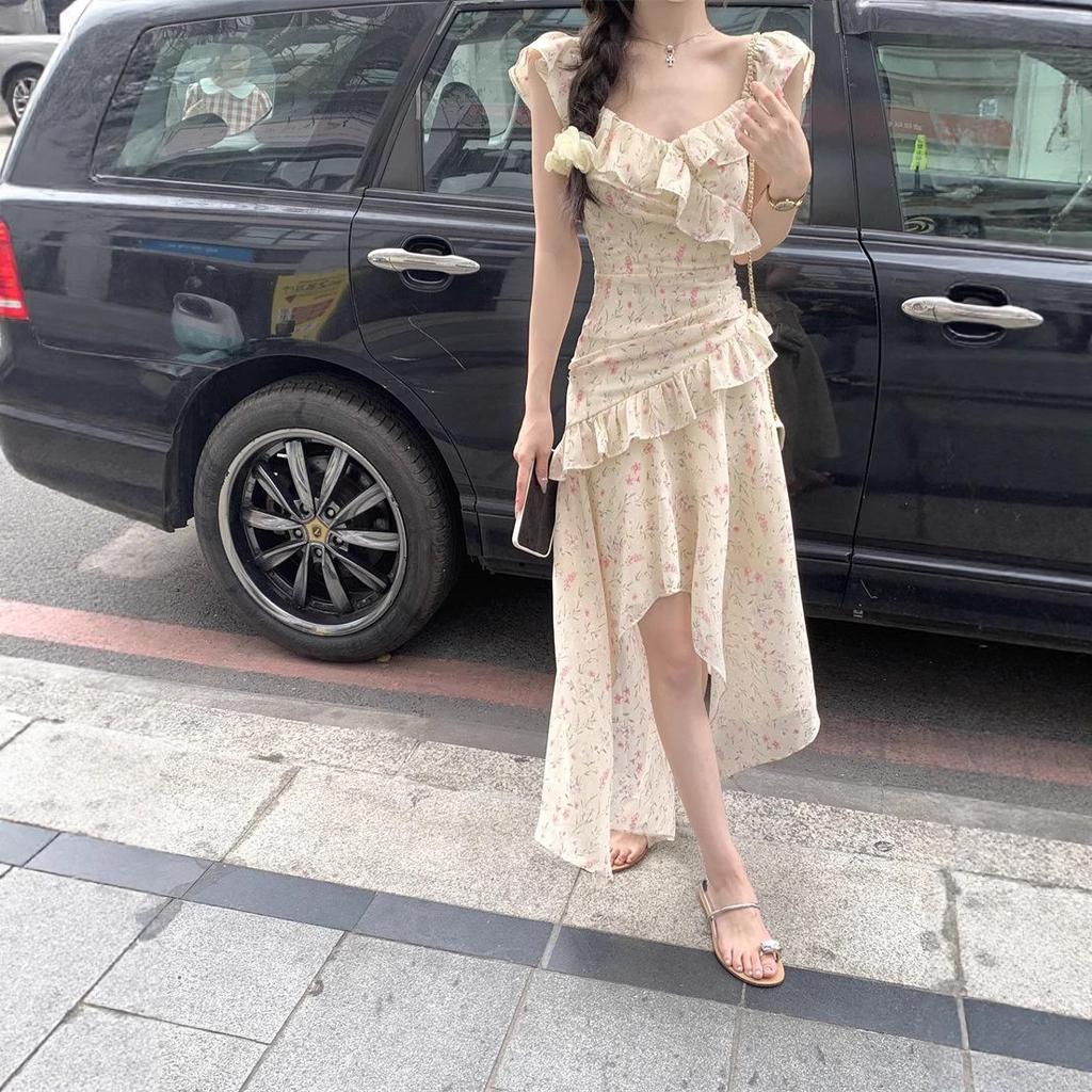 French floral suspender dress women's summer lotus leaf edge pinch waist skirt a word skirt irregular temperament long dress