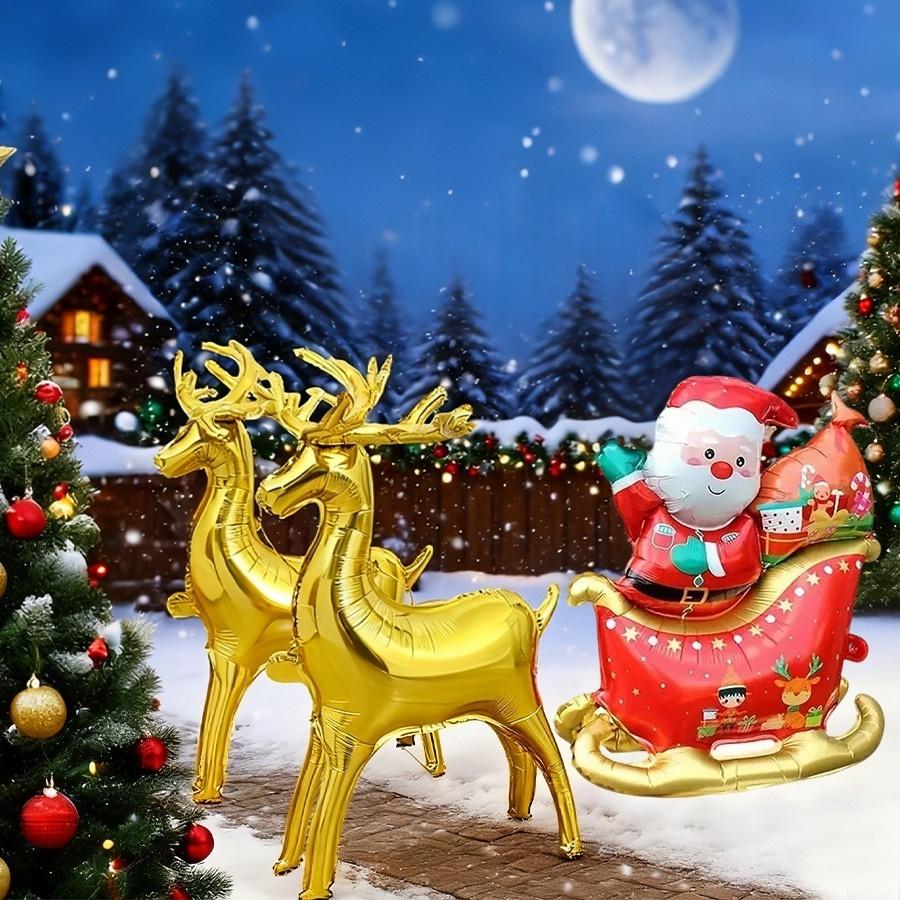 2pcs 4D Reindeer & 1PC Santa's Sleigh Foil Balloons Perfect for Christmas Party, Winter Themed Garden Decorations