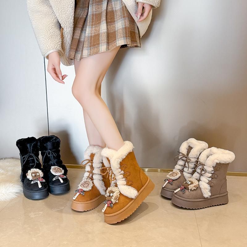 Women's Lace-up Large Size Thick Sole Winter Warm Fur Snow Boots Padded Lined Ankle Boots Anti-slip Hiking Sports Cotton Boots