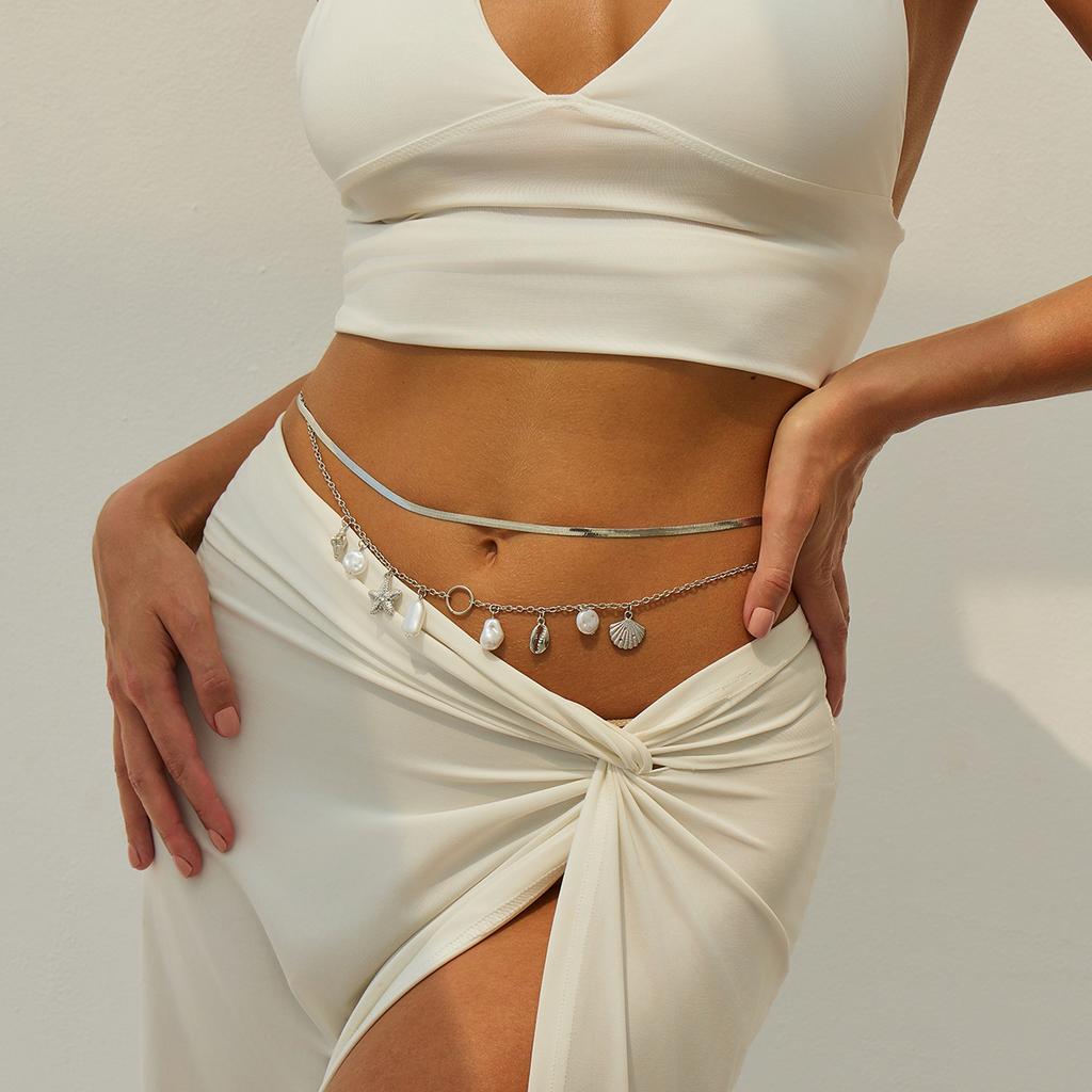 Holiday Style Imitation Pearl Starfish Scallop Shell Conch Waist Chain, Sexy Snake Bone Chain Body Chain