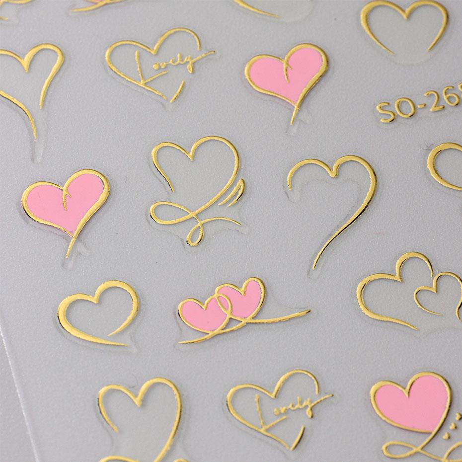 Heart Nail Decals 3D Red Pink Golden Love Design Nail Stickers Adhesive Valentine Sweet Nail Manicure Slider