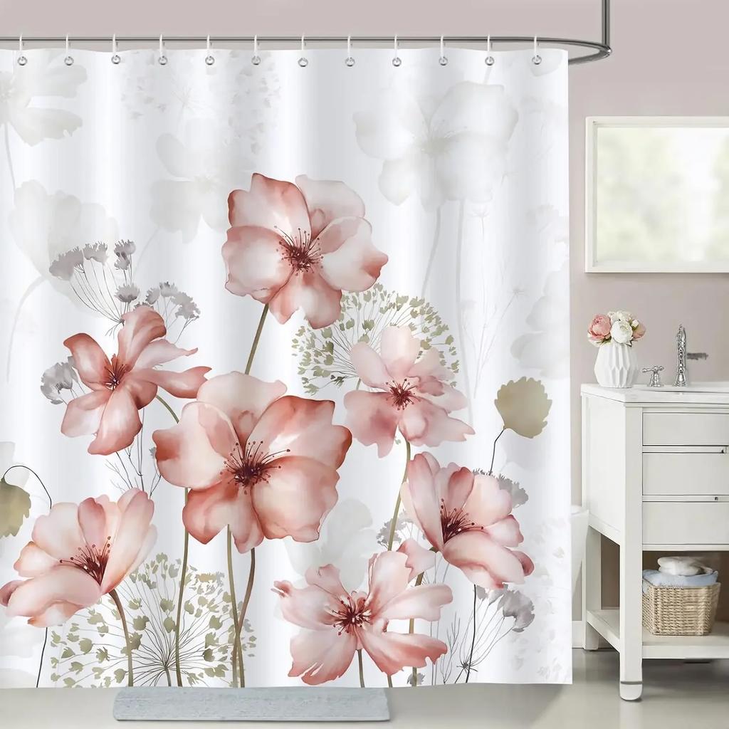 Purple Floral Shower Curtain Watercolor Flower Leaves Wildflower Polyester Fabric Washable Shower Curtains Bathroom Decoration
