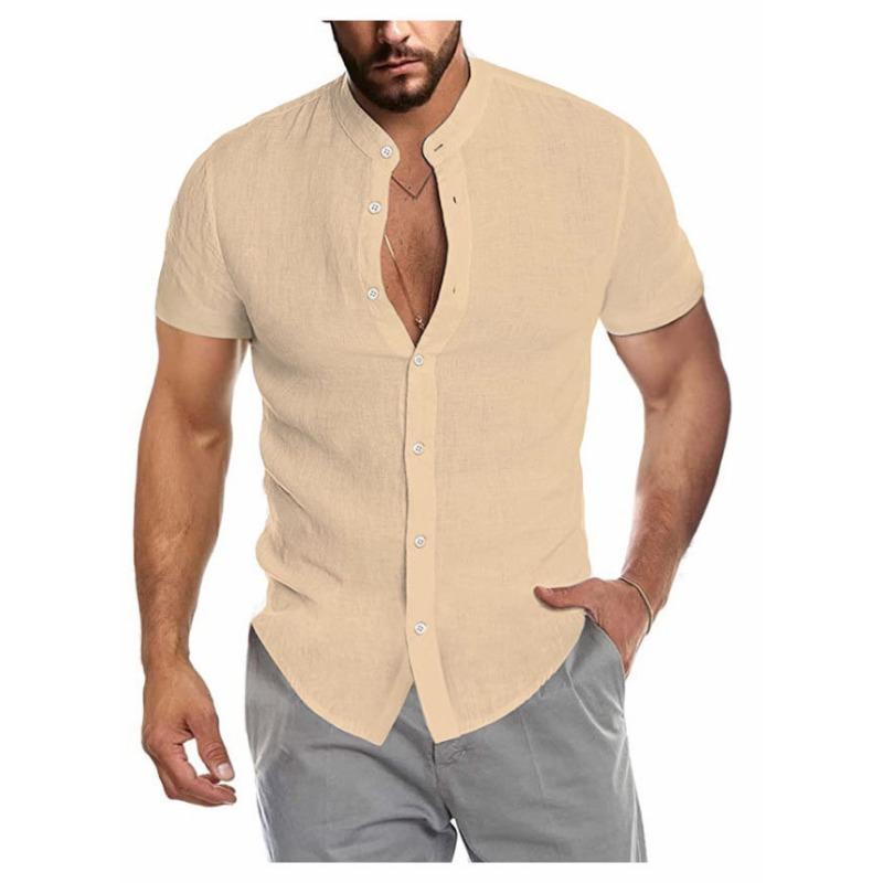 Summer V-neck Linen New Cardigan Stand-up Collar Short-sleeved Men's Shirt