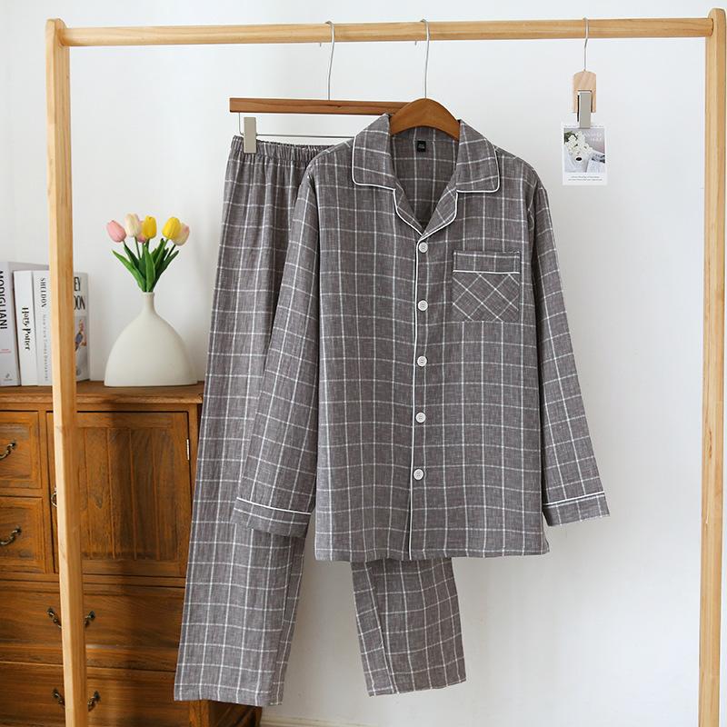 Men's Cotton Pajama Set Nightwear Long Sleeve Tops Pants Pajama Sets Soft Plaid 2 Piece Button Down Lounge Set for Men Lapel Comfortable Sleepwear