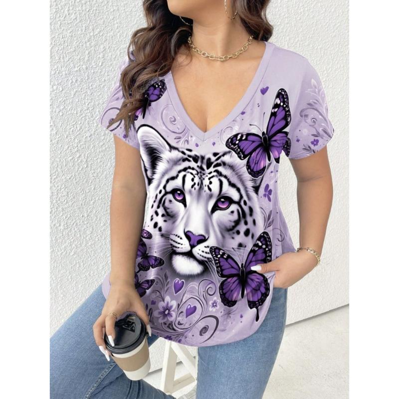 Women's Summer Short Sleeve T-Shirts V-Neck Tiger Printed Shirts Loose Plus Size Pullover Tops