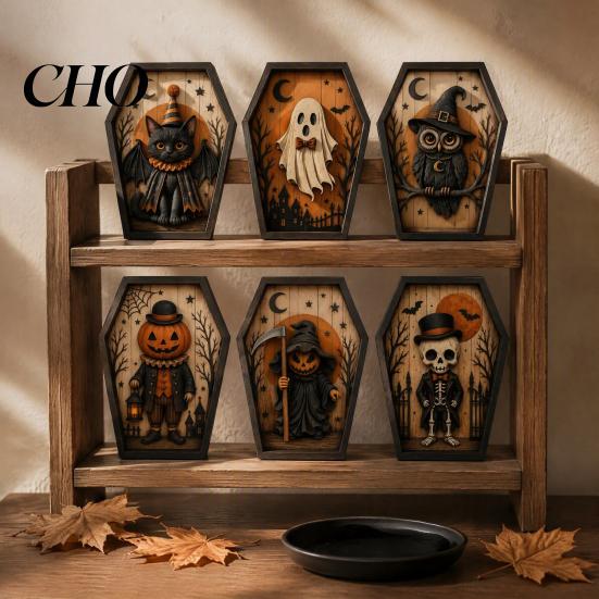 Scary Fireplace Mantel Decorations Halloween Coffin-Shape Wooden Sign Decor, Pumpkin Skeleton Ghost Owl Retro Punk Style Interior Decor Patterns,
