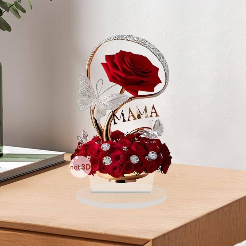 Red Rose 2D Acrylic Art Piece Ornament with Base for Christmas Mothers Day Gift Durable Desktop Shelf Decoration