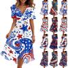 Women's Casual V-Neck Short-Sleeve Independence Day Print Dress