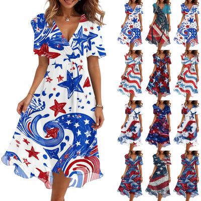 Damen Lässiges V-Ausschnitt Kurzarm Unabhängigkeitstag Print Kleid
