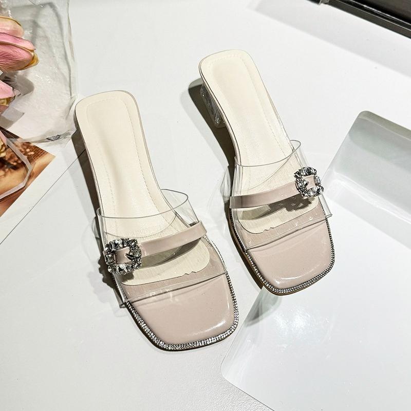 Women's New Summer Wear Rhinestone Open-toe Transparent One-word Cool Drag Square Toe Open-toe Crystal Block Heel Pumps
