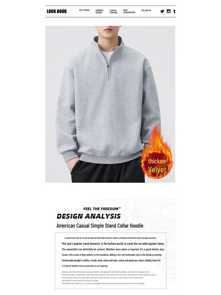 Men's Heavyweight Half-Zip Fleece Hoodie - 2025 American Style, Thickened Loose Fit, Trendy Casual Outerwear