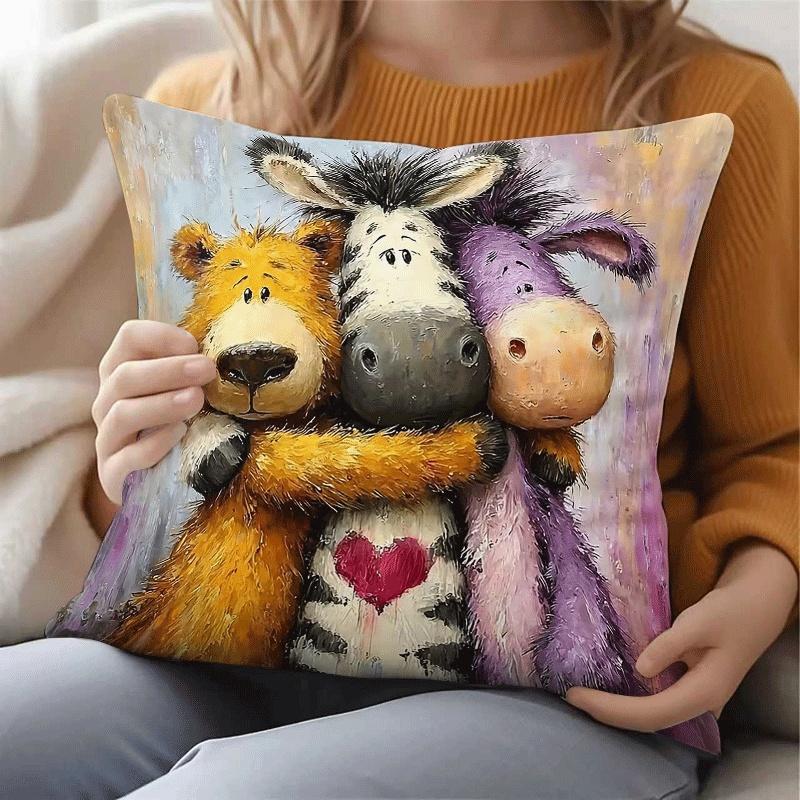 1 Soft and Comfortable Short-Pile Pillowcase - Animal Theme Bear, Zebra, and Donkey Hugging Illustration Decorative Cushion Cover - Polyester Polyeste