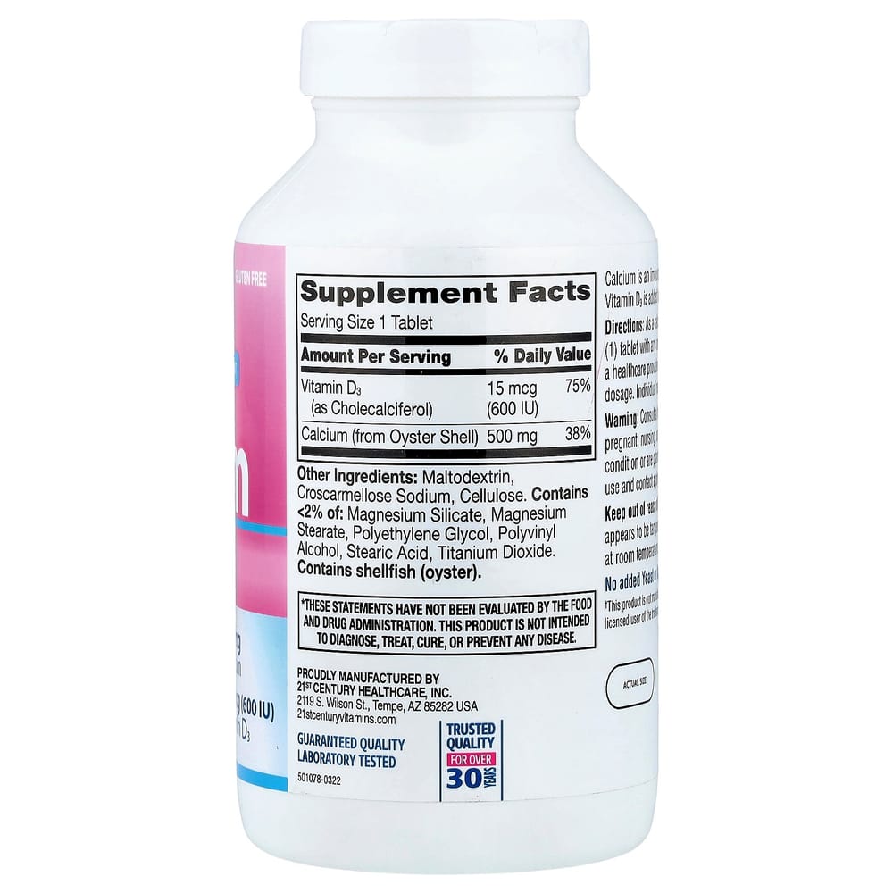 21st Century Sentry Calcium 500mg + D3 15mcg (600 IU) 400 Tablets