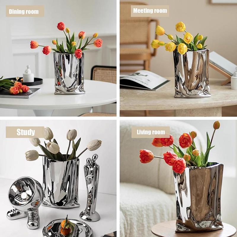 WTEMPO Ceramic Silvery Flower Vase Crinkle Paper Shaped Decorative Large Vase Ornaments for Living Room Home Decorations
