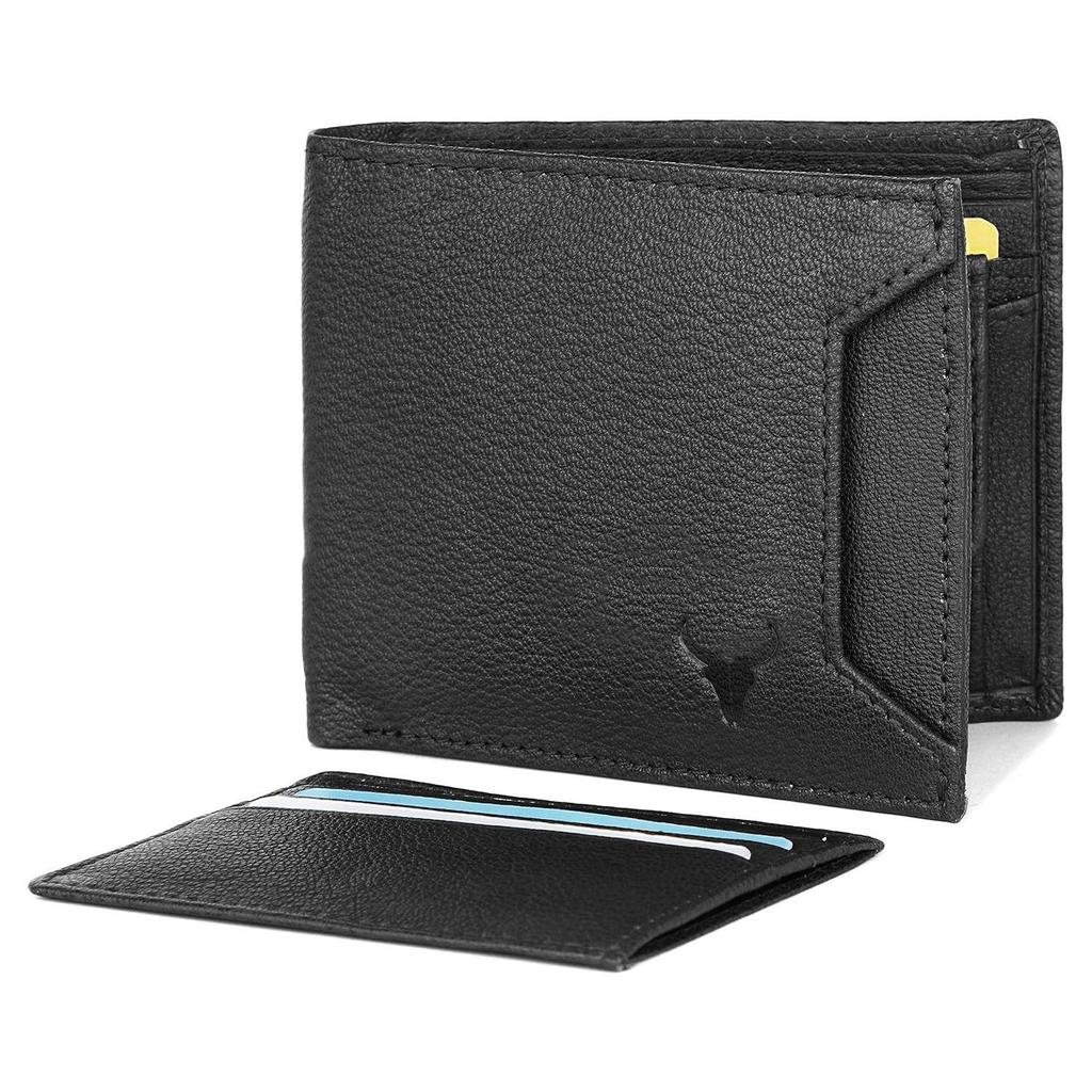 Black Leather Wallet for Men I 3 Card Slots I 2 Currency Compartments I 1 ID Window I 3 Secret Compartments I External Card Slot I 1 Coin Pocket