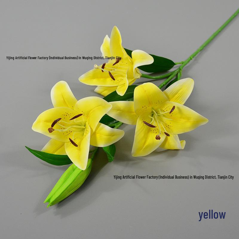 3D-печатная ПУ-лилия: Лилия пленчатая 4-головая, одиночный стебель, для цветочных стен и напольных композиций на свадьбах жёлтый