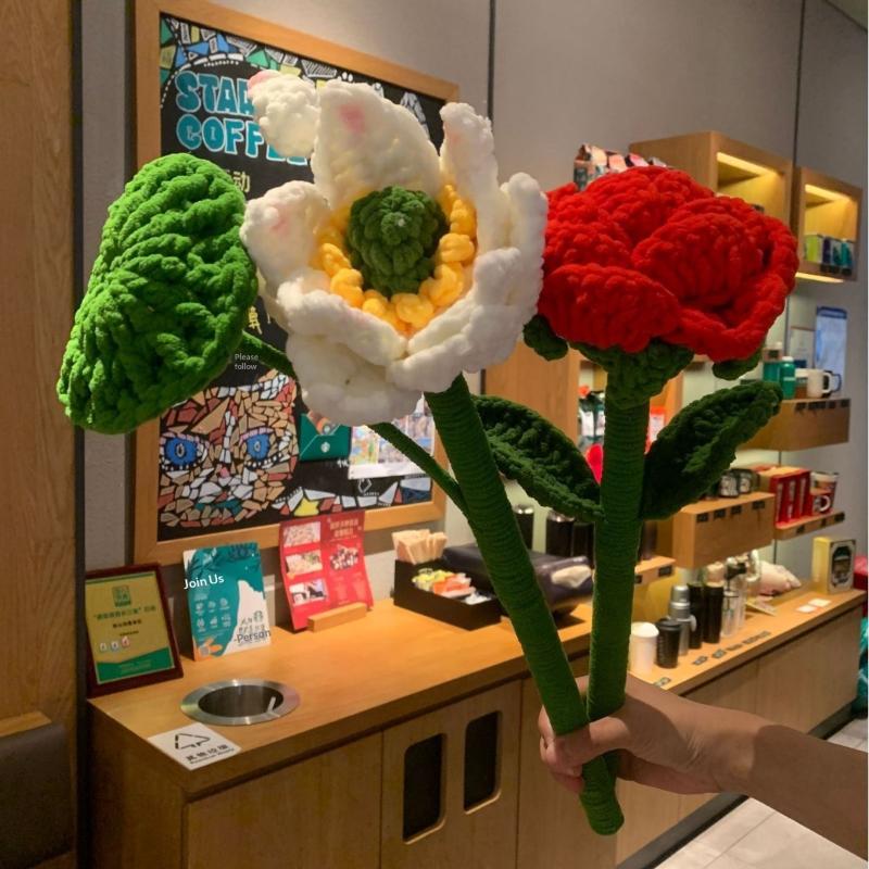 [Y]1Pcs Simulated Roses Valentine's Day Knitted Rose Handmade Knitting Artificial Flowers Holiday Gifts For Couples