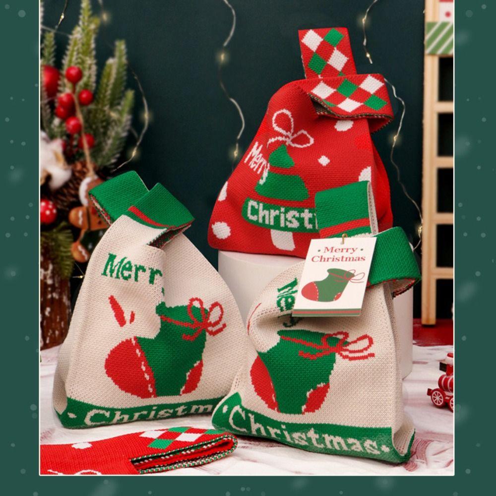 Lässige Weihnachtsstrickhandtasche, handgefertigte Multifunktions-Weihnachtstasche, wiederverwendbare Geschenktasche, Süßigkeitentasche mit Cartoon-Motiv