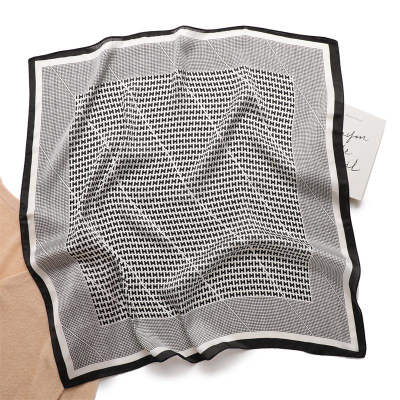 Letter H Foreign Style Silk Scarf Internet Celebrity Live Broadcast Popular Square Scarf Simple Versatile Scarf Simulation Silk Square Scarf 71cm Head
