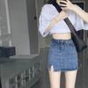 UniqueStreaming Elastischer Rock Schlitzdesign Hochtailliert Halbkörper Paket Hüftrock A-Linie Hundert Kurzer Rock Damen Sommermode Denim Kurzer Rock