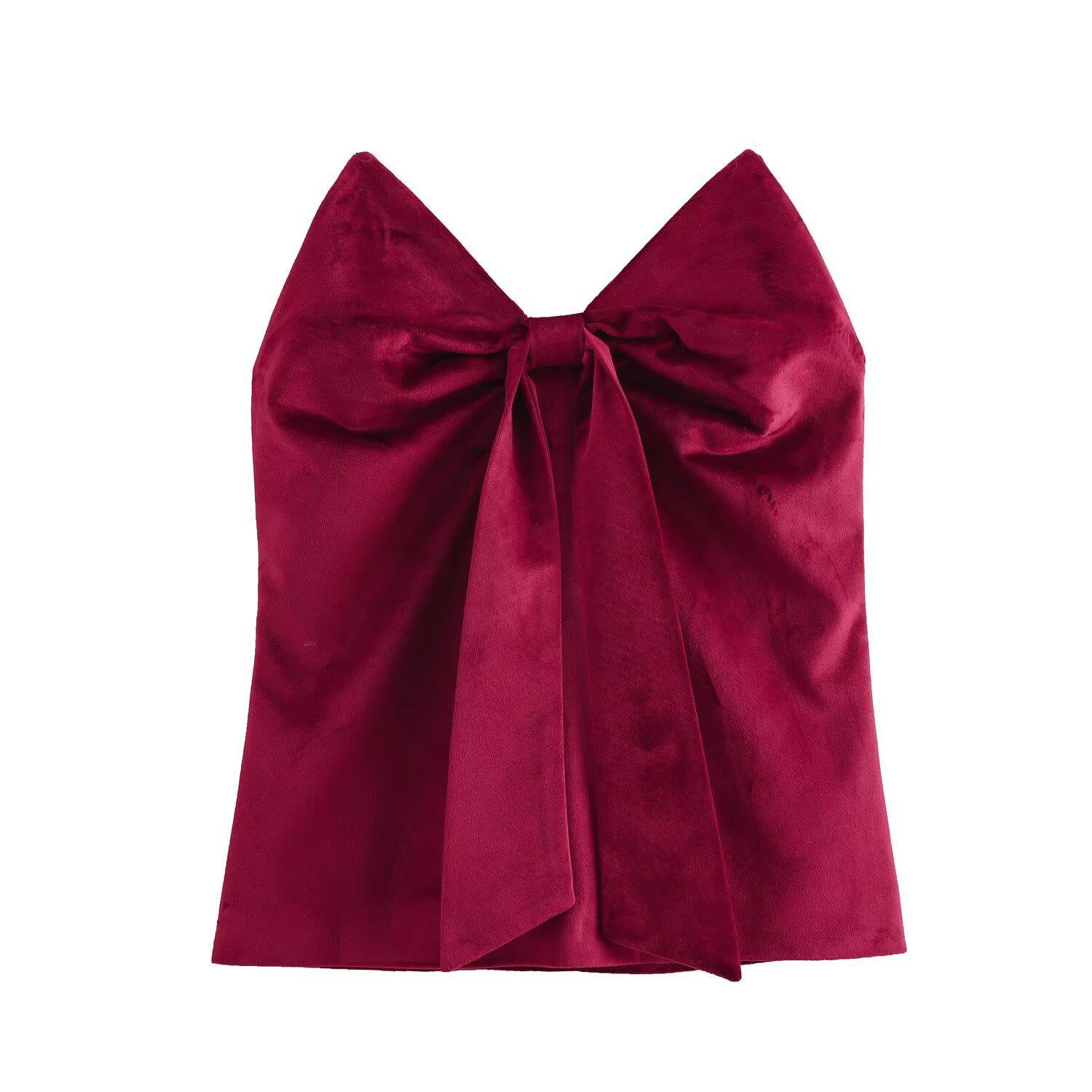 

Autumn/Winter Women s Off-Shoulder Bow Velvet Slim Top XS