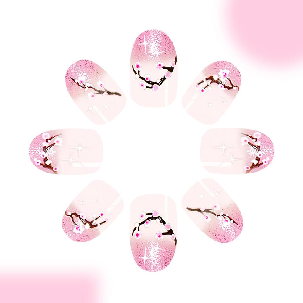 Flower Press On Nail Spring False Nail Short Oval Stick On Nail Glitters Acrylic Artificial Nail Manicure Nail Accesory