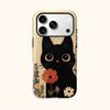 Big Eyed Floral Cute Black Cat Holding Flower Art Film Aesthetic Protective Shockproof Bumper Case Cover For iPhone 14 15 16 Pro Max Plus