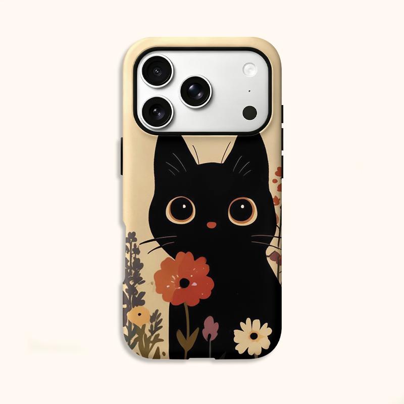 Big Eyed Floral Cute Black Cat Holding Flower Art Film Aesthetic Protective Shockproof Bumper Case Cover For iPhone 14 15 16 Pro Max Plus