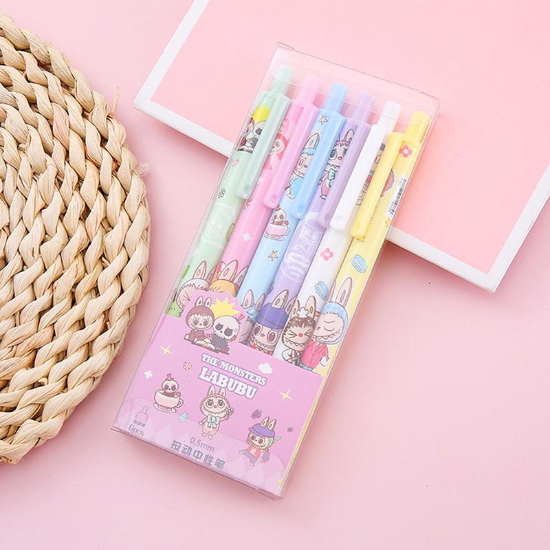 6Pcs/Box Cartoon Cute Labubu Gel Pens 0.5Mm Black Smooth Quick Dry Press Neutral Pens Students Office Stationery Birthday Gifts