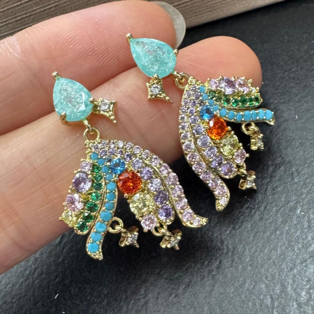Vintage Tassel Dangle Earrings Waterdrop Flower Shape Inlaid Multi-Color Cubic Zirconia Sparkling Crystal Ladies Banquet Ear Acc
