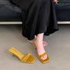 Fashion SUOJIALUN 2025 Summer New Brand Women Slipper Fashion Shallow Slip On Slides Square Toe Thin High Heel Dress Pumps Sandal