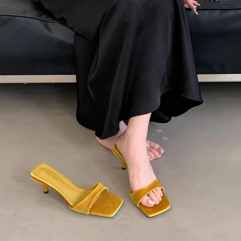 Fashion SUOJIALUN 2025 Summer New Brand Women Slipper Fashion Shallow Slip On Slides Square Toe Thin High Heel Dress Pumps Sandal