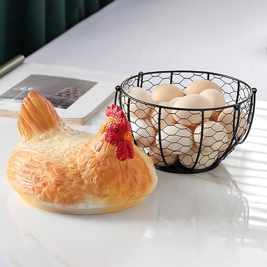Egg Basket Vintage Metal Storage Holder Egg Gathering Basket with Hen Lid for Fruit Snack Farmhouse Kitchen Desktop Farm Easter