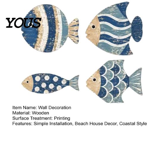 Unique Seaside Cabin Gift 4Pcs/Set Wooden Fish Wall Decor, Coastal Style Art, Distressed Handmade Sculpture Rustic Blue Ornaments for Beach House Home