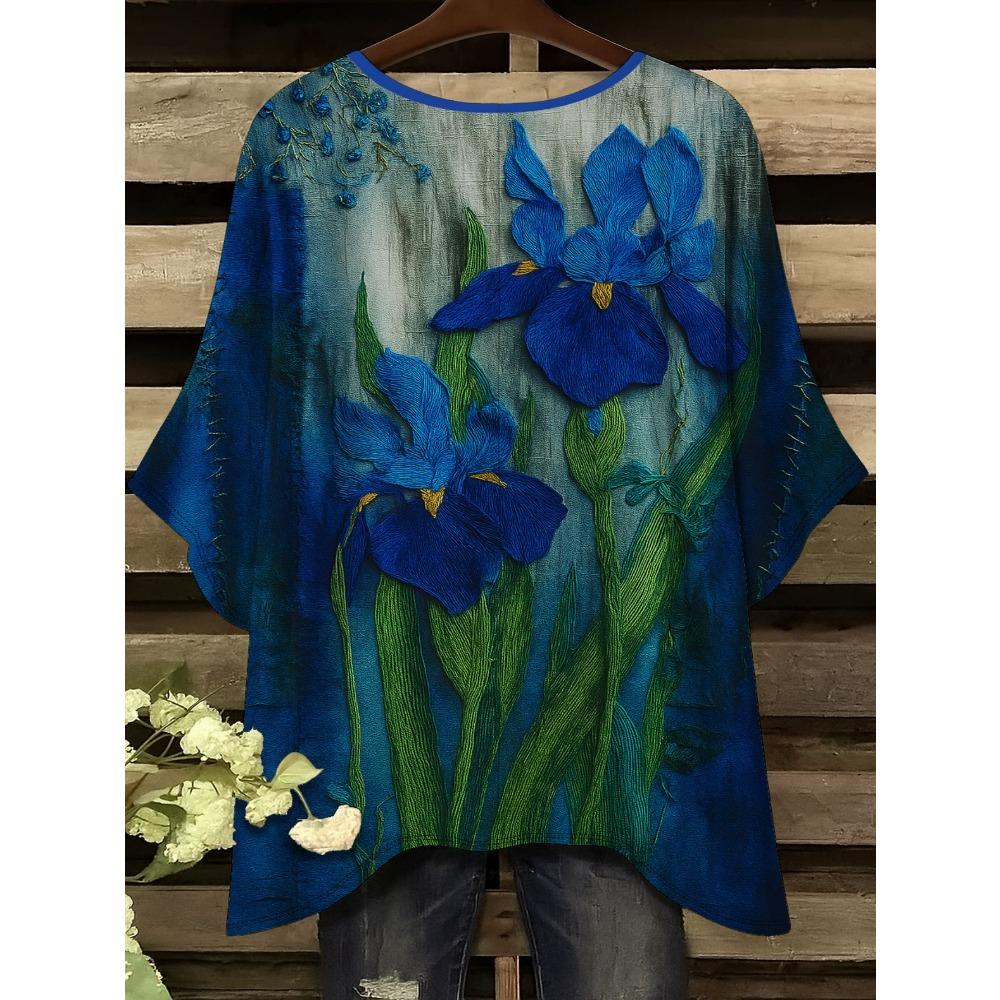 Blue iris women's large-size short-sleeved T-shirt, irregular hem design, casual and comfortable