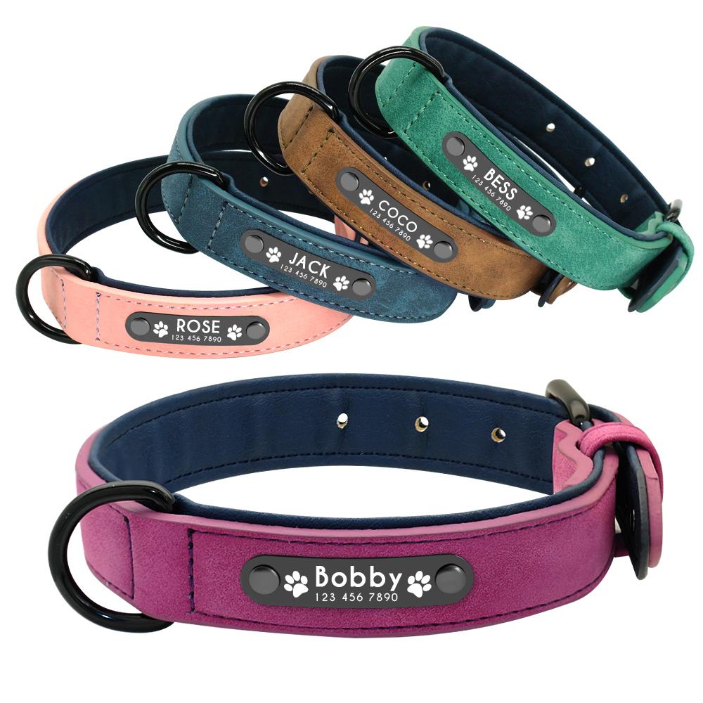 Customized PU Leather Dog Collar Free Engraving Dog NameTags Soft Padded Pet Necklace For Small Medium Large Dogs Pitbull Pug