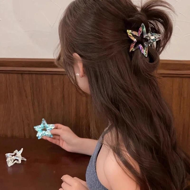 3Pcs Simple Transparent Hairpin Sweet Temperament Girls Hairpin Hair Accessories Colorful Hollow Five Pointed Star Shark Clip