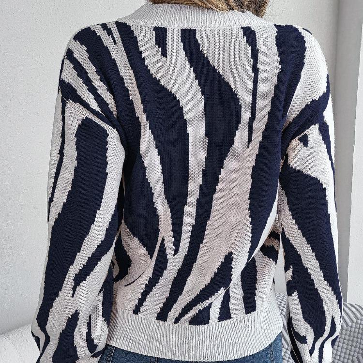 Color Print Loose Knitwear V Neck Cardigan Sweater Long Sleeve Vintage Autumn Winter Top