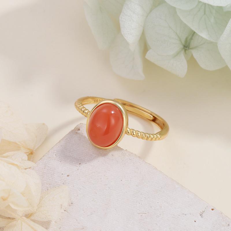 Natural Nanhong S925 Sterling Silver Ring Egg Surface Silver Inlaid Nanhong Ring Opening Cross-border Versatile Jewelry Fashion Gift