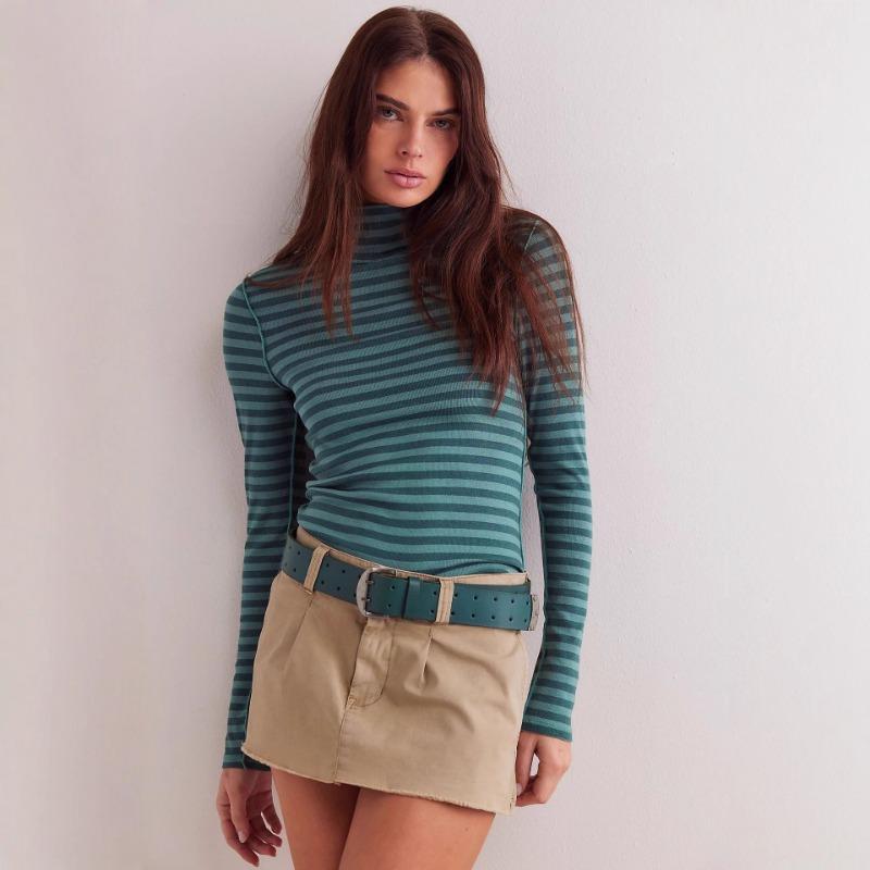 Women S Striped Print Half High Neck Fitted Long Sleeve T Shirt Base Layer Top