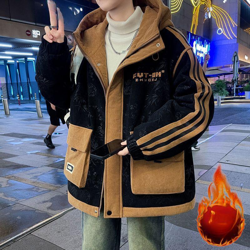 Winter Fleece-lined Thickened Jacket Men's New Fashion Cold-proof Warm Youth Hong Kong Style Tooling Large Pocket Cotton-padded Jacket