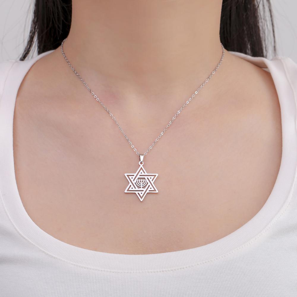 Star of David Hanukkah Menorah Necklace Stainless Steel Hexagram Protection Amulet Religious Pendant Je Jewelry